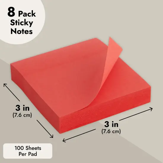 8 Pack Bright Red Sticky Notes 3x3 Inch Self-Stick Note Pads for Home, Office Supplies (100 Sheets Per Pad) {4}