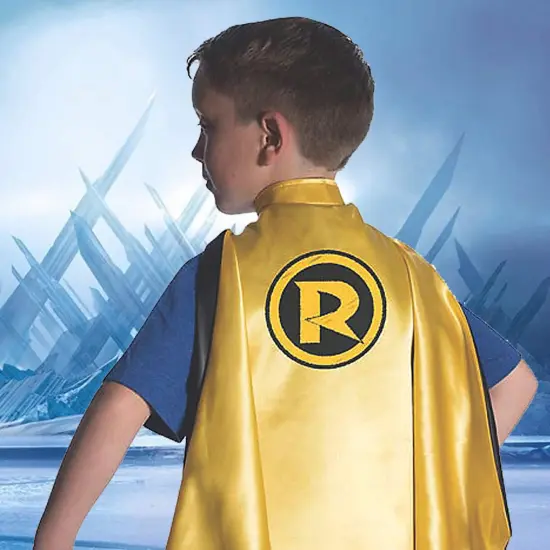 Yellow Robin Costume Cape for Kids with Black Superhero Emblem {5}