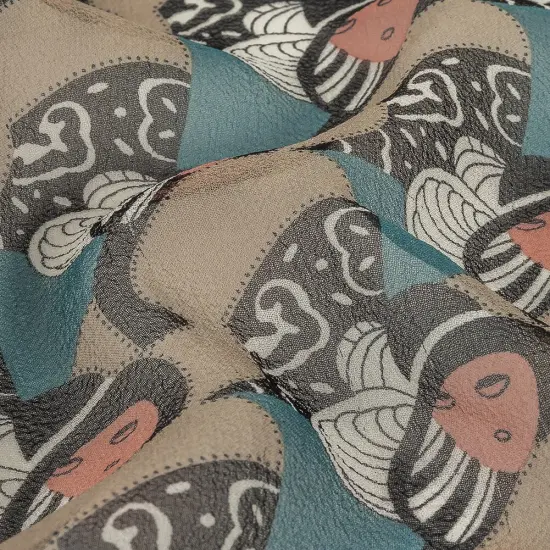 1 Yard Blue Peach Beige Lady in Hat Silk Chiffon Fabric 44 Inch Width {1}