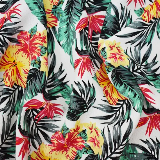 White-Yellow-Multi Floral Printed Rayon Crepe Faille Woven Fabric By the Yard {1}