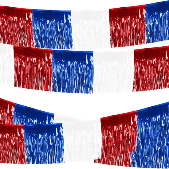 Fourth of July Decorations 4 Packs Foil Fringe Garland Hanging Banner White Red Blue Streamers Curtains Shiny Metallic Tinsel Wall for Parade Floats Birthday Party Ceremonies Independence Day Car {1}