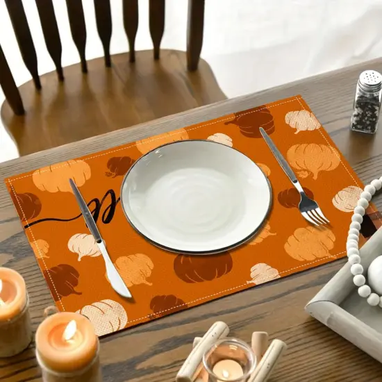 Set of 4 Fall Orange Pumpkin Placemats - 12x18 Inch (Orange) {3}