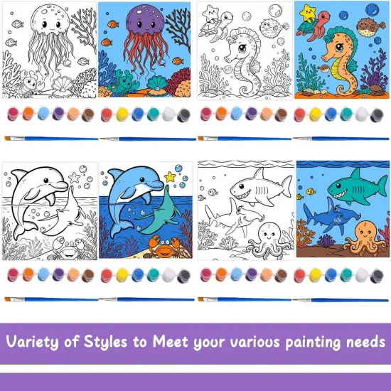 4 Packs 7.8x7.8 Pre Drawn Canvas Paint Set,Paint by Numbers for Kids,48 Paints 8 Brushes 2 Easels {2}