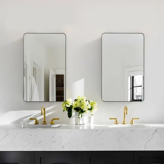 Basicwise Multi-Purpose Aluminum Bathroom Storage Medicine Cabinet - Beveled Edge Mirror and Sleek Round Corner Frame with 2 Adjustable Shelves, Recessed or Surface Mount Installation, Black Finish {6}