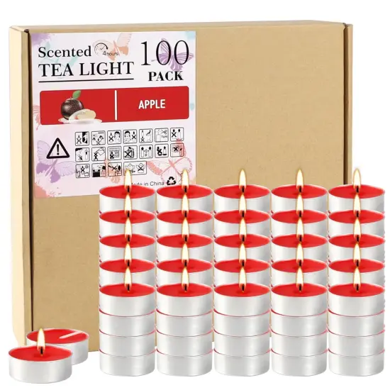 Red Scented Tealight Candles - 100 Pack Votive Candles Bulk - Apple Fragrance Tea Light Candle Gift Set for Holiday, Wedding and Home - 4 Hour {1}
