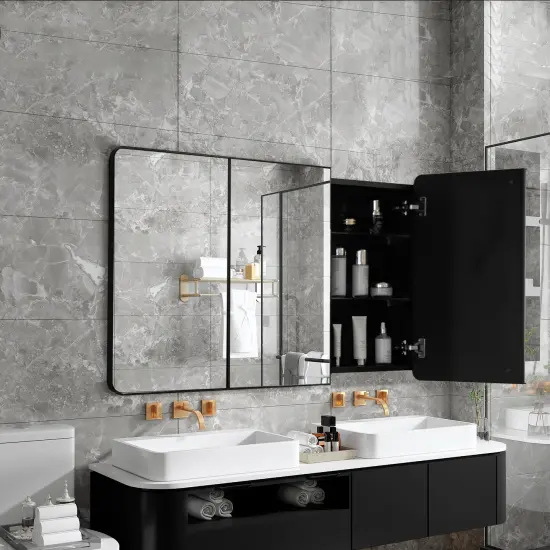 Basicwise 3-Door Aluminum Bathroom Medicine Cabinet, Round Corner Framed Door - Versatile Recessed Medicine Cabinet or Surface Mount, Mirrored Door Cabinet with Adjustable Glass Shelves, Matte Black {3}