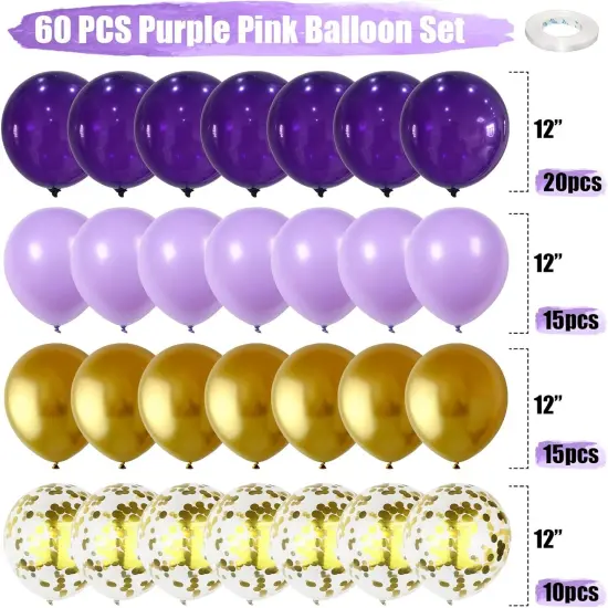 60 PCS Latex Balloons Set with Gold Confetti - Purple & Gold {2}