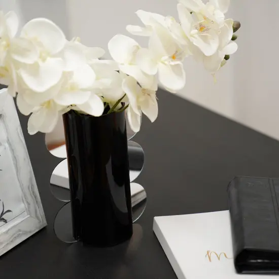 Lucite Mirror Accented Vase By Kinor Decor Black-Silver {5}