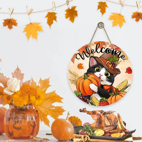 Welcome Thanksgiving Tuxedo Cat Front Door Sign {3}