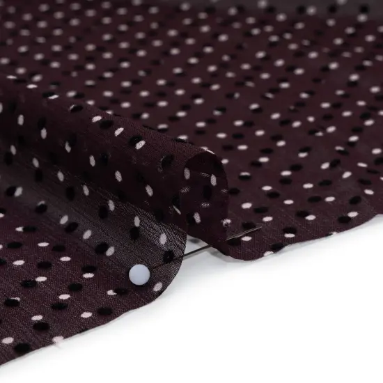 1 Yard Burgundy Crinkled Polyester Chiffon Flocked Dots Little Black & White Polka Dots 57 Inch Wide {3}