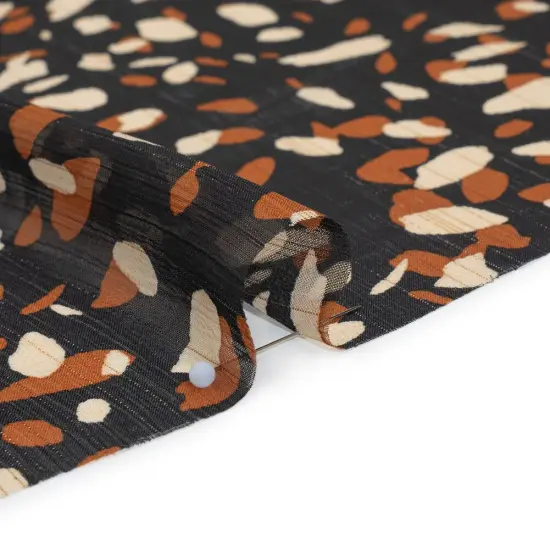 1 Yard Black, White and Tan Spots Crinkled Polyester Chiffon with Metallic Gold Pinstripes Fabric 55 Inch Wide {3}