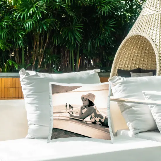 Vintage Girl on Beach Design by GraffiTee Studios Outdoor Printed Pillow  {2}