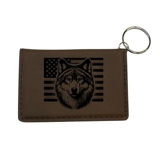 Keychain ID Holder Wallet - Wolf and US Flag - Leather Red/Black {2}