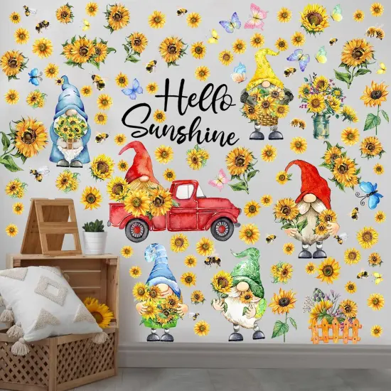 122 Pcs 6 Sheets Summer Wall Stickers Window Clings Gnome Sunflower Wall Decals {1}