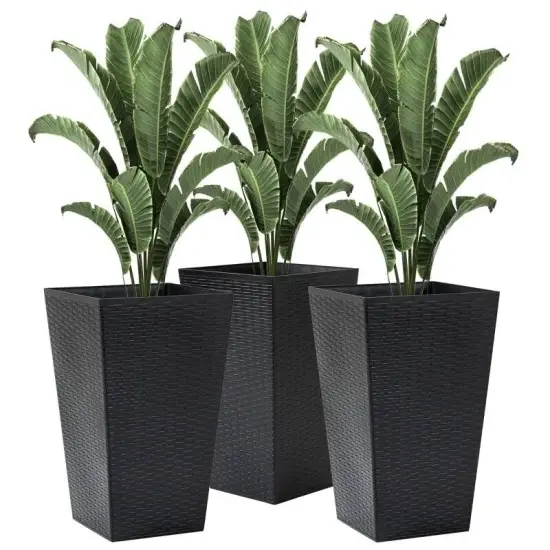 Set of 3 Tall Faux Rattan Flower Pots Stackable Indoor Outdoor Planters with Drainage Hole Brown {5}
