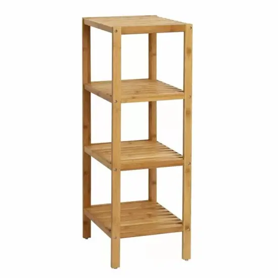Solid Wood 4-Tier Bathroom Shelf with Natural Wicker Drawer Freestanding Storage Organizer for Towels, Toiletries & Decor {1}