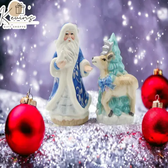 Hand Painted Ceramic Blue Santa Claus with Reindeer & Tree Salt and Pepper Shakers, Home Décor, Gift for Her, Gift for Mom, Kitchen Décor {1}