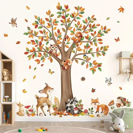 Woodland Animals Fall Large Tree Wall Stickers Deer Racoon Owl Wall Decals {1}