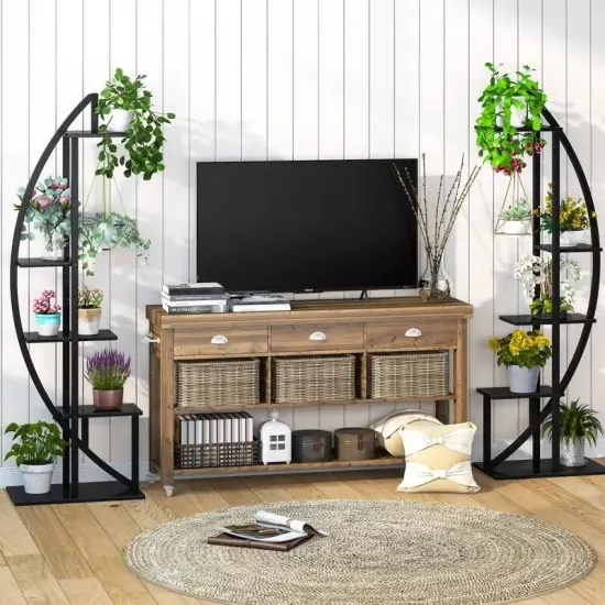 Set of 2 Modern Black Metal Wood 10-Shelf Plant Stand for Indoor Outdoor {4}