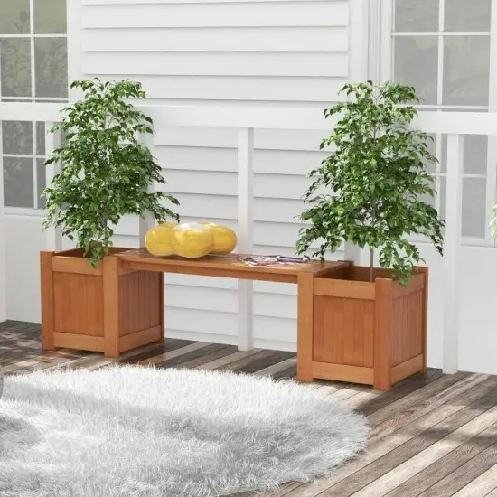 Outdoor Wooden Planter Box with Bench for Comfortable Gardening {2}