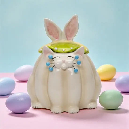 Ceramic Whisker Cat Easter Bunny Rabbit Candy Jar, Spring Easter Decor, Kitchen Decor, Gift for Her {1}
