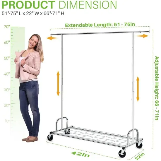 Silver Chrome Metal Garment Rack with Adjustable Rod, 3 Shelves and Lockable Casters {3}