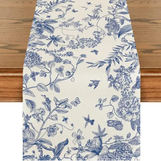 Monochrome Sketch Birds and Flowers Spring Table Runner,13x108 Inch {1}