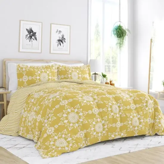 Reversible Daisy Medallion Striped Comforter Set Down Filled Microfiber with Pillow Shams {2}