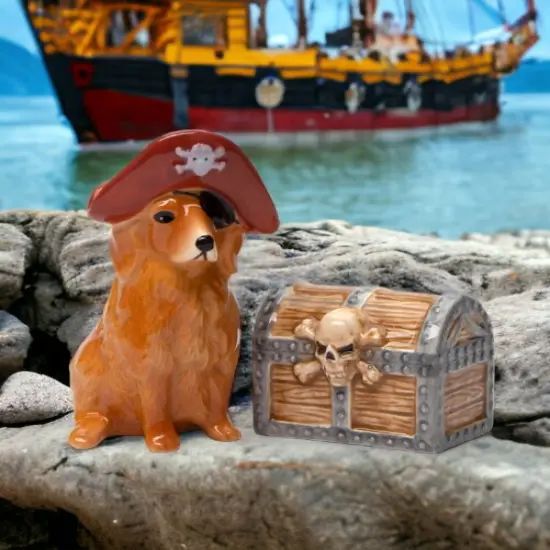 Ceramic Pirate Golden Retriever Dog & Treasure Box Salt & Pepper Shakers, Gift for Her, Gift for Mom, Kitchen D&eacute;cor, Dog Lover Gift {2}