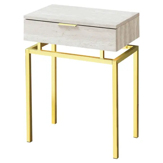 24" Modern End Table with Drawer and Beige Marble Look Top, Gold Metal Base for Bedroom {1}