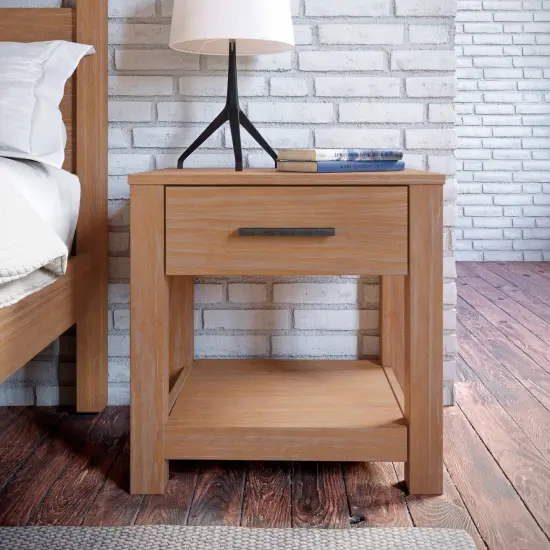 Rustic Pine Solid Wood Nightstand with Drawer and Metal Accents 22 Inch Low Profile Bedside Table {4}