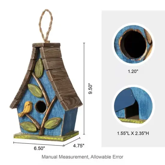 Blue-Green Metal and Wood Farmhouse Hanging Birdhouse with 3D Flowers, Clean out Panel {5}