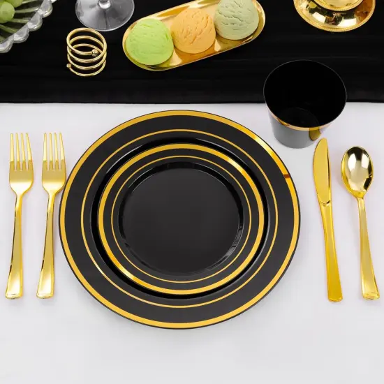 Black & Gold Disposable Dinnerware Set &ndash; 25, 50, 75, 100 Guest Options, Elegant Plastic Plates, Cutlery & Cups for Wedding & Party {4}