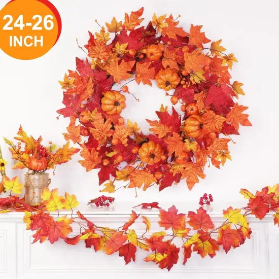 26 Inch Large Foldable Fall Wreath - Maple Pumpkin Wreath {2}