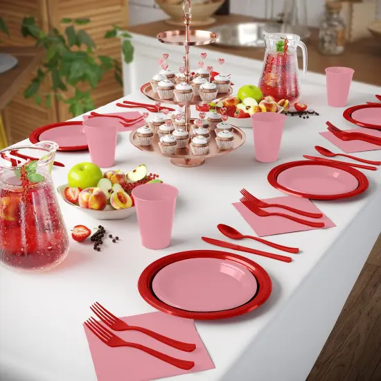 Exquisite 350 Pcs Plastic Plates for Party &ndash; Disposable Plates Set &ndash; 50 Each of 9" Dinner Plates, 7" Dessert Plates, Plastic Cups, Napkins & Plastic Cutlery &ndash; Plastic Dinnerware by Party Solids Pink & Red {4}