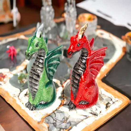 Ceramic Red and Green Medieval Dragon Salt and Pepper Shakers, Game Room Decor, Gift for Him, Gift for Board Game Enthusiast {1}