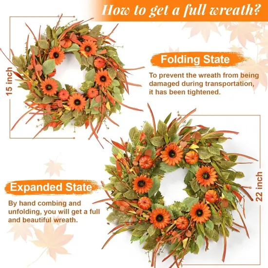 22" Fall Autumn Pumpkin Wreath with Sunflower {3}