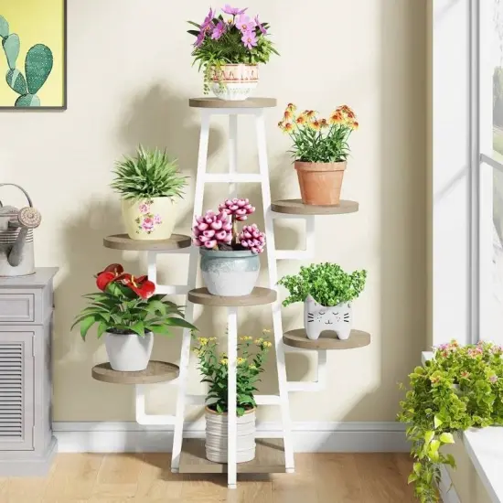 Metal and Wood 7-Tier Indoor Plant Stand with Scratch-Resistant Shelves White {1}