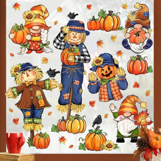 Fall Scarecrow Gnome Window Clings 9 Sheets, Autumn Pumpkin Maple Leaves Stickers {4}