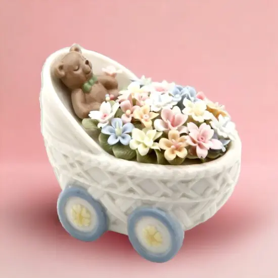 Ceramic Teddy Bear With Flowers in Baby Stroller Figurine, Home D&eacute;cor, Nursery Room D&eacute;cor, Baby Gift {2}