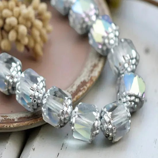 Silver Washed Lt Blue Apollo AB Fire Polished Cathedral Beads - 8mm or 10mm {1}