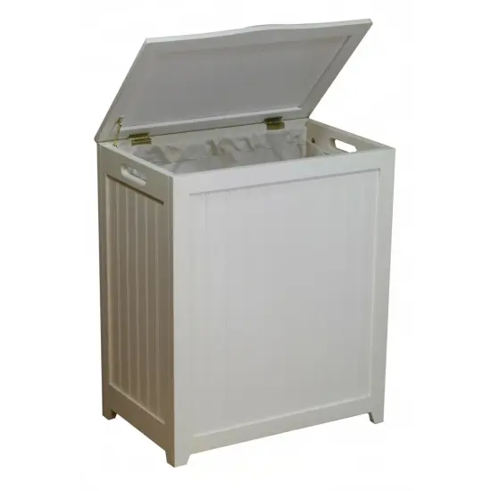 White Solid Wood Rectangular Laundry Hamper with Lid and Side Hand Grips {1}