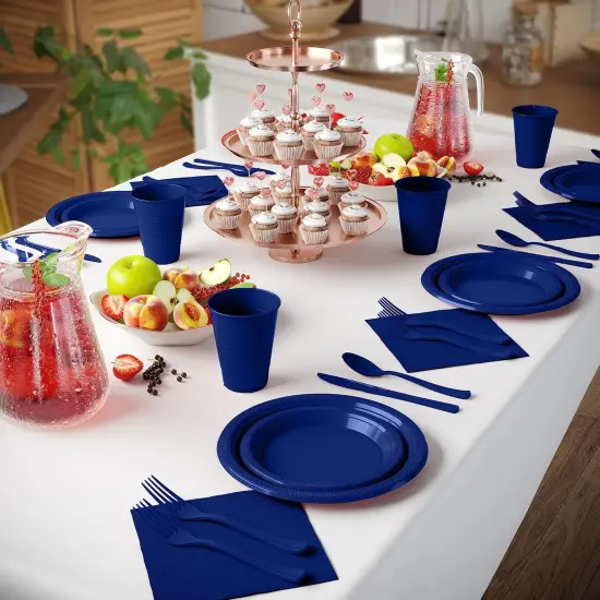 Exquisite 350 Pcs Plastic Plates for Party &ndash; Disposable Plates Set &ndash; 50 Each of 9" Dinner Plates, 7" Dessert Plates, Plastic Cups, Napkins & Plastic Cutlery &ndash; Plastic Dinnerware by Party Solids Dark Blue {2}