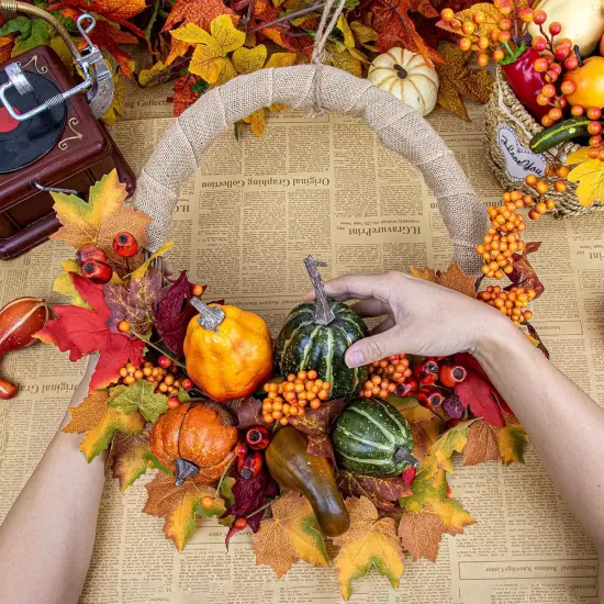 20 Inch Artificial Fall Autumn Wreath with Pumpkins {4}