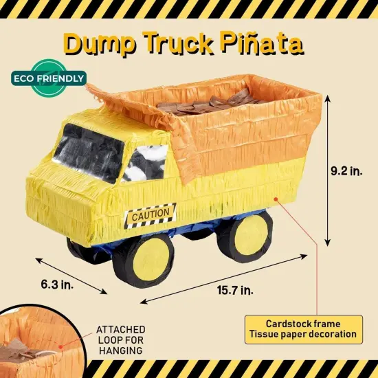 Dump Truck Pinata - Kids Construction Birthday Party Supplies, Construction Party Decorations (Small, 15.7 x 9.2 x 6.3 In) Multicolor {4}