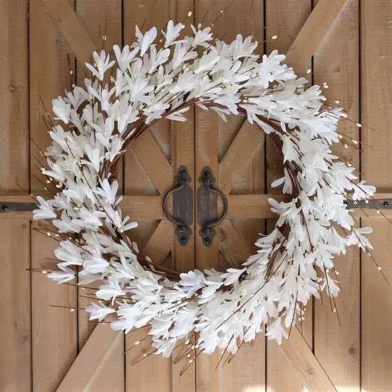 20inch Artificial Forsythia Flower Wreath Spring Summer Fall Wreath Silk Leaves Wreath for Front Door Wreath Porch Farmhouse Patio Garden Home Decor (White) {1}