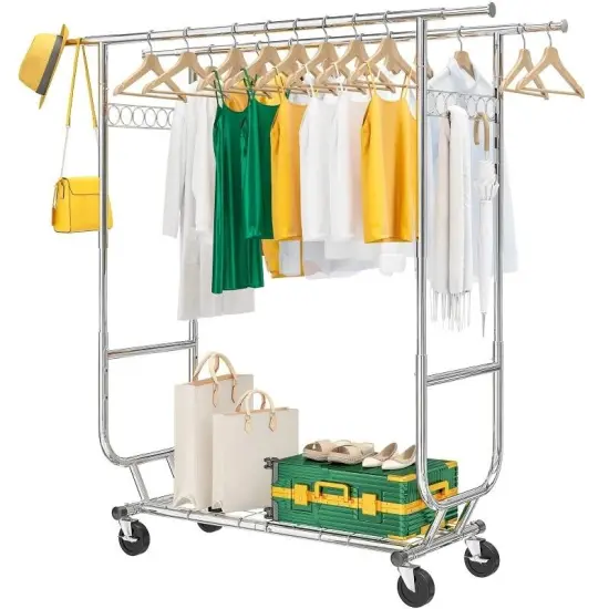 Silver Metal Double Bar Garment Rack with Wheels and Adjustable Height {1}