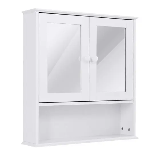 White MDF Wall-Mounted Bathroom Cabinet with Mirror Doors and Shelf {1}