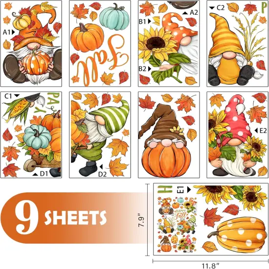 Happy Fall Gnome Window Clings 9 Sheets, Autumn Harvest Pumpkin {2}