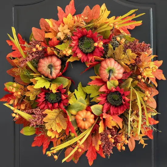 24 Inch Artificial Fall Autumn Maple Leaves Wreath {1}